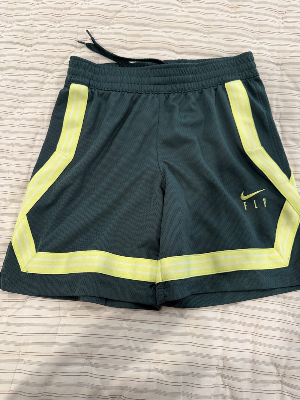 Nike Kids Dark Green Athletic Shorts with Neon Yellow Trim